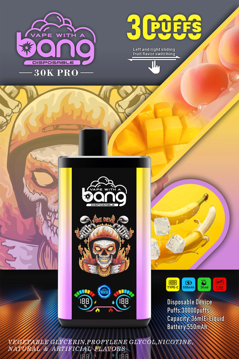 Werbebild eines Einweg-Vape „Vape with a Bang“ 30K Pro mit farbenfrohem Design mit Animationen, Text, der 30.000 Züge hervorhebt, und Fruchtgeschmacksoptionen. Zu den Spezifikationen gehören ein 550-mAh-Akku, 36 ml Flüssigkeitskapazität und USB-C-Laden.