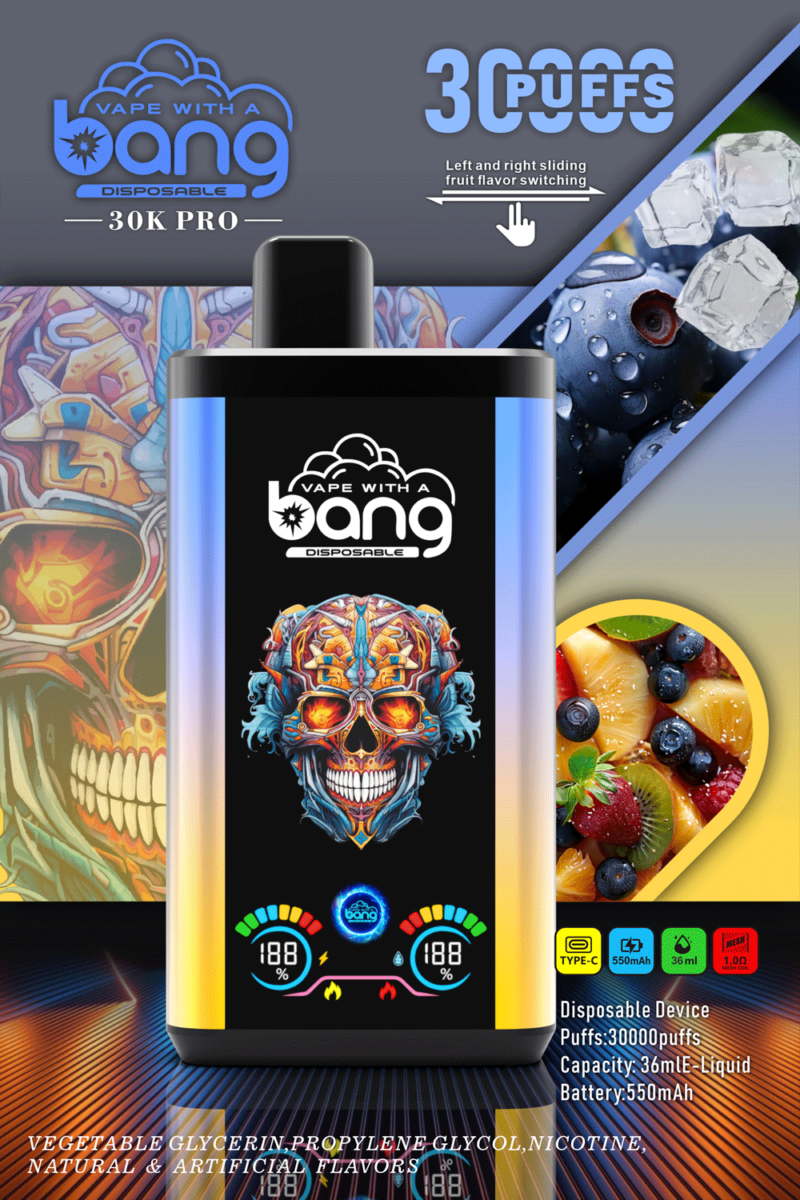 Vape-Produktwerbung mit dem Einweggerät „Vape with a Bang 30K Pro“ mit 30.000 Zügen, 36 ml E-Liquid-Kapazität und 550 mAh-Akku, wobei der Geschmackswechsel und das farbenfrohe Design mit einem stilisierten Totenkopf im Vordergrund stehen.