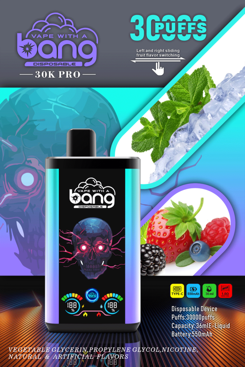 Werbung für das Einweg-Vaporizer Bang 30K Pro mit 30.000 Zügen, 36 ml E-Liquid-Kapazität und 550 mAh-Akku, mit Fruchtaromen und futuristischem Design.