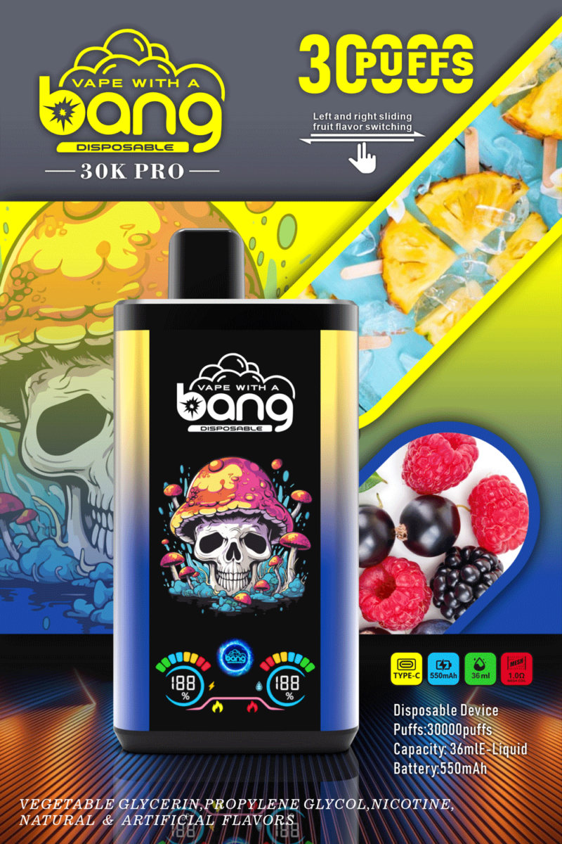 Werbung für das Einweggerät Vape With a Bang 30K Pro mit einem schwarzen und farbenfrohen Verdampfer mit Totenkopfdesign, 30.000 Zügen, 36 ml E-Liquid-Kapazität, 550 mAh-Akku und Fruchtbildern im Hintergrund.
