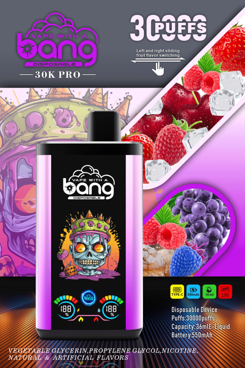 Farbenfrohe Werbung für den Einweg-Verdampfer „Vape with a Bang 30K Pro“, der 30.000 Züge, gleitenden Wechsel des Fruchtgeschmacks, pflanzliches Glycerin, Propylenglykol, Nikotin sowie natürliche und künstliche Aromen verspricht. Enthält Bilder von Beeren und Eis.