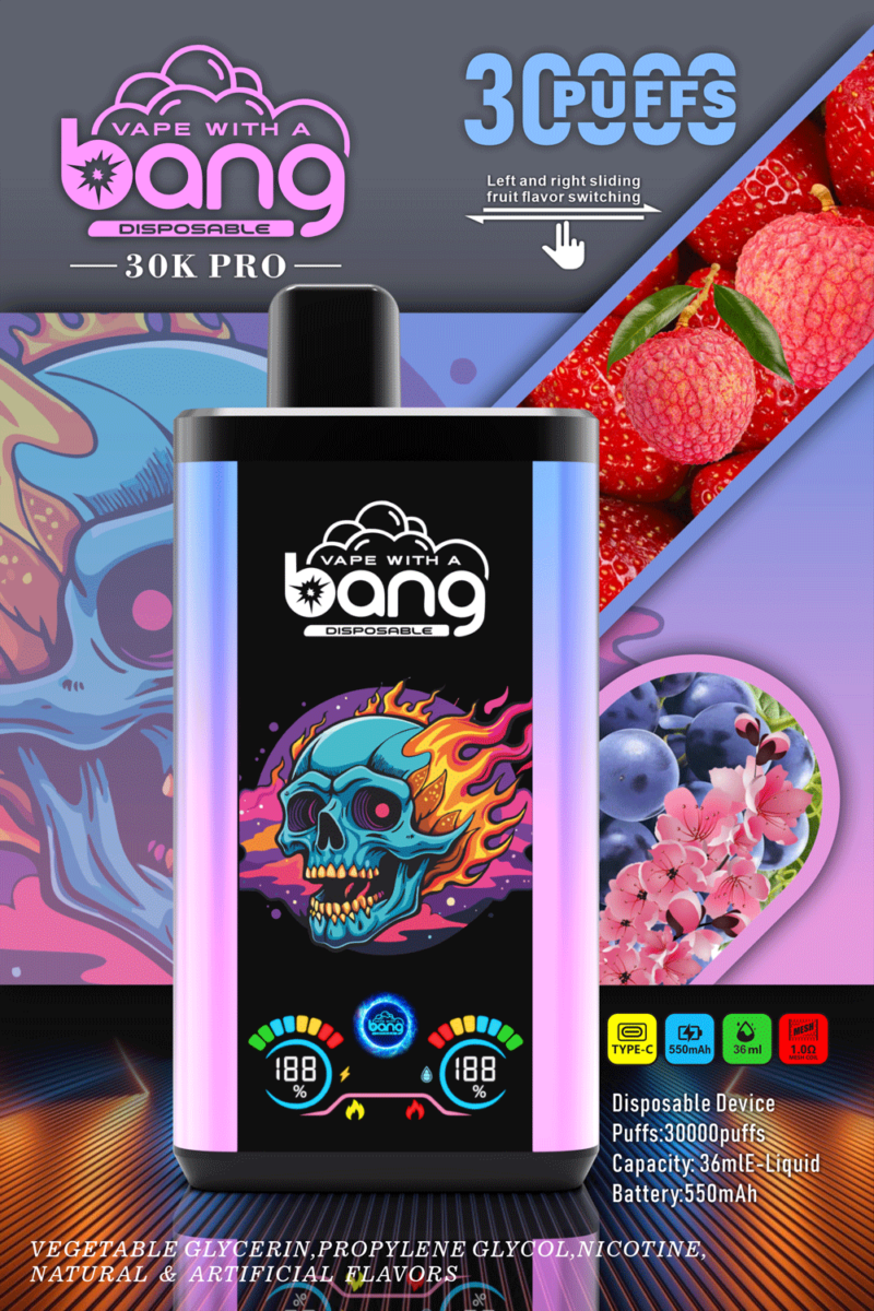 Farbenfrohe Werbung für das Einweggerät Vape With A Bang 30K Pro mit 30.000 Zügen, 36 ml Flüssigkeitskapazität und 550 mAh-Akku. Mit Bildern von Früchten, Geschmackswechseln und einem lebendigen Totenkopfdesign.