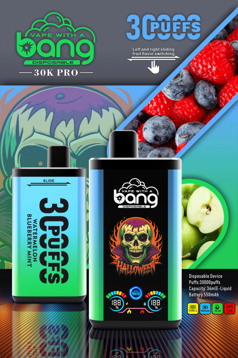 „Werbebild für den Bang 30K Pro Einweg-Vaporizer mit 30.000 Zügen, in den Geschmacksrichtungen Wassermelone, Blaubeere, Minze und Apfel. Mit gleitendem Fruchtgeschmackswechsel und Halloween-Design.“