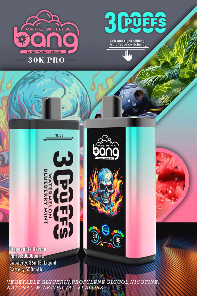 Werbebild des Einweg-Verdampfers „Vape With A Bang 30K Pro“ mit 30.000 Zügen und Geschmackswechsel. Das Design des Geräts umfasst leuchtende Farben und eine brennende Totenkopfgrafik. Informationen zu den Spezifikationen, Inhaltsstoffen und Geschmacksrichtungen (Wassermelone, Blaubeere, Minze) des Geräts werden ebenfalls angezeigt.