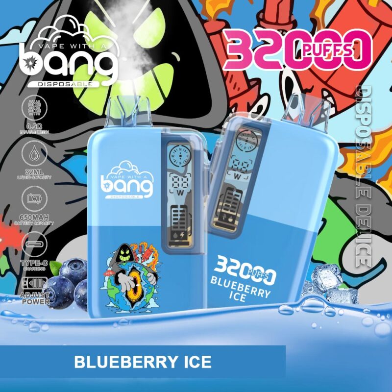 Un primer plano de un dispositivo de vapeo desechable azul etiquetado como "Blueberry Ice", que muestra características como el número de bocanadas, la capacidad de líquido y las especificaciones de la batería sobre un fondo gráfico colorido con elementos animados.