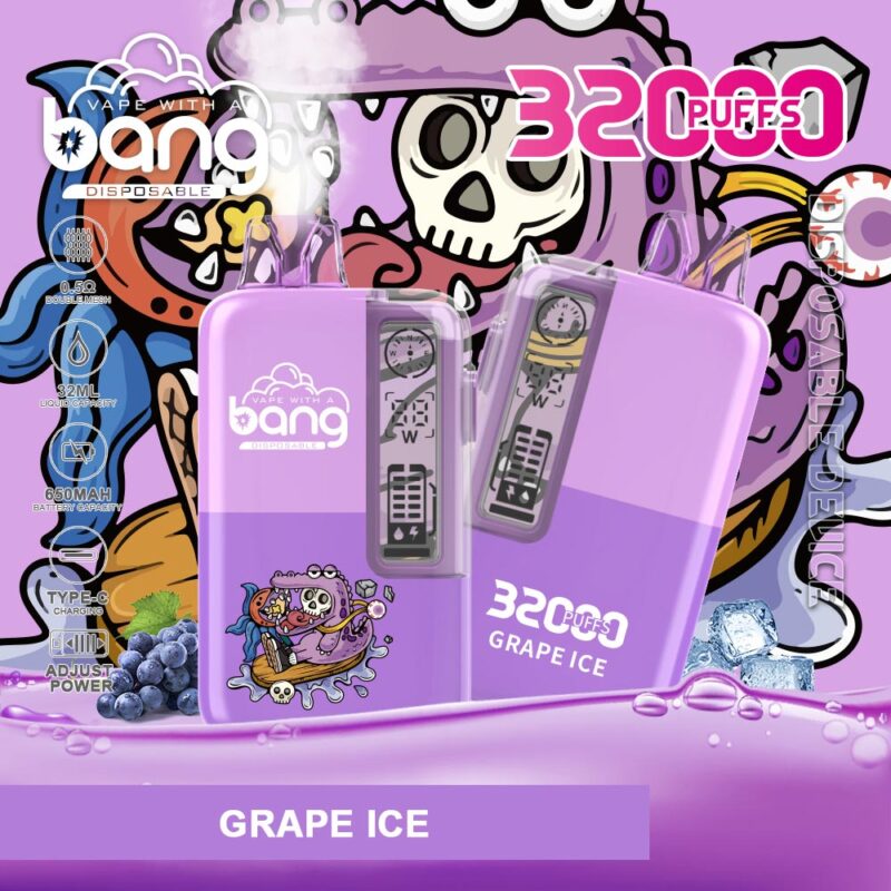 Dispositivo de vapeo desechable morado con la marca "Bang", sabor a hielo de uva, capacidad de 32000 bocanadas, 32 ml de líquido, batería de 650 mAh, potencia ajustable y carga tipo C, con un diseño de calavera de dibujos animados y gráficos de uva.