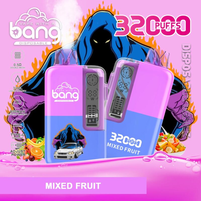 "Anuncio publicitario colorido de un producto de vapeo que presenta un vape desechable morado y rosa con texto de '32000 bocanadas' y sabor a 'frutas mixtas', una figura encapuchada en llamas, una ilustración de un automóvil y detalles del producto que incluyen capacidad de líquido, tamaño de batería y tipo de carga".