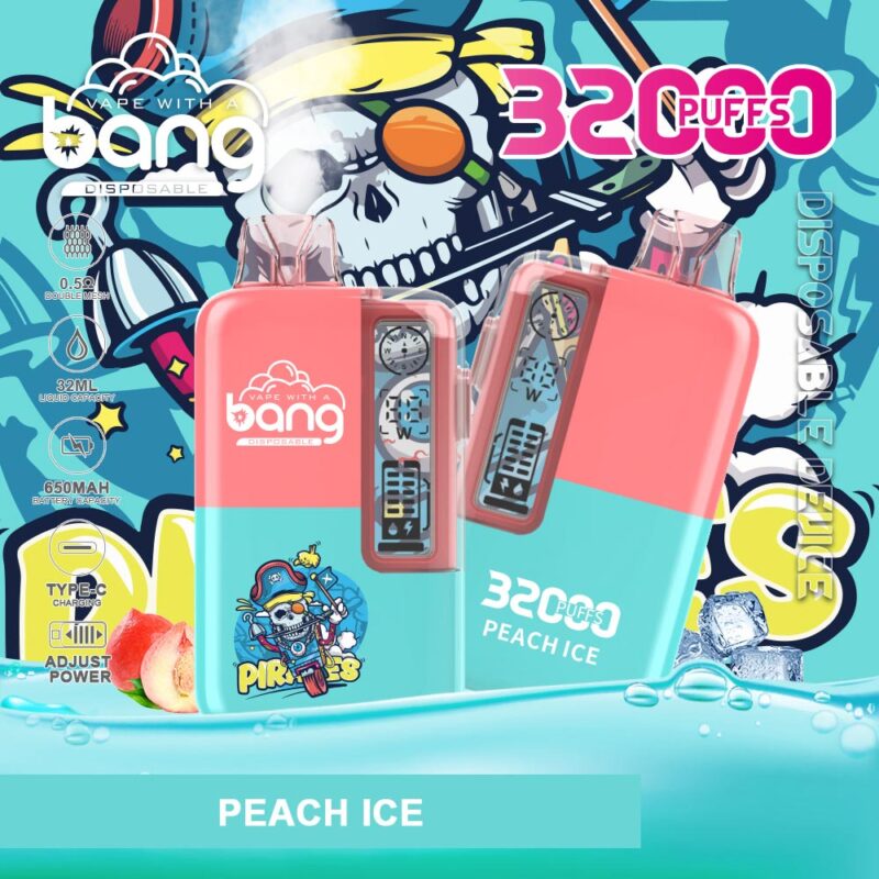 Dispositivo de vapeo desechable "Bang" colorido con sabor a hielo de durazno, con diseño de temática pirata, 32000 bocanadas, capacidad de líquido de 32 ml, batería de 650 mAh y potencia ajustable con carga tipo C.