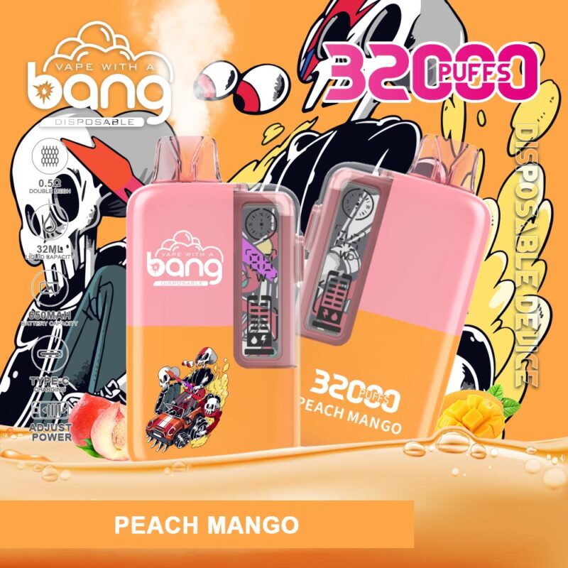Vaporizador desechable Peach Mango con 3200 bocanadas, con empaque colorido, un diseño de bobina visible y una marca llamativa sobre un fondo naranja y rosa.