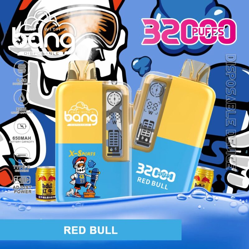 Un dispositivo de vapeo desechable colorido con un logotipo "Bang", etiquetado como sabor "Red Bull", con un diseño amarillo y azul, una pantalla digital e indicación de 3200 bocanadas, sobre un fondo vibrante con elementos de dibujos animados y de marca.