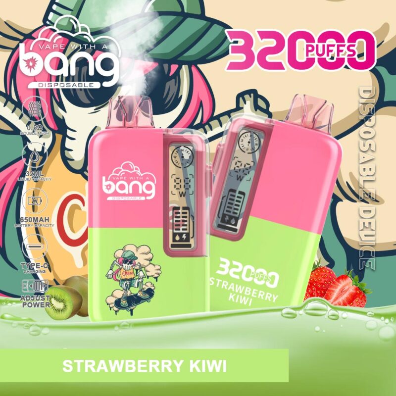 Dispositivo de vapeo desechable Strawberry Kiwi con 32000 bocanadas, con diseño rosa y verde, potencia ajustable, batería de 650 mAh, capacidad de líquido de 32 ml, carga tipo C y una pantalla digital para niveles de potencia y batería.