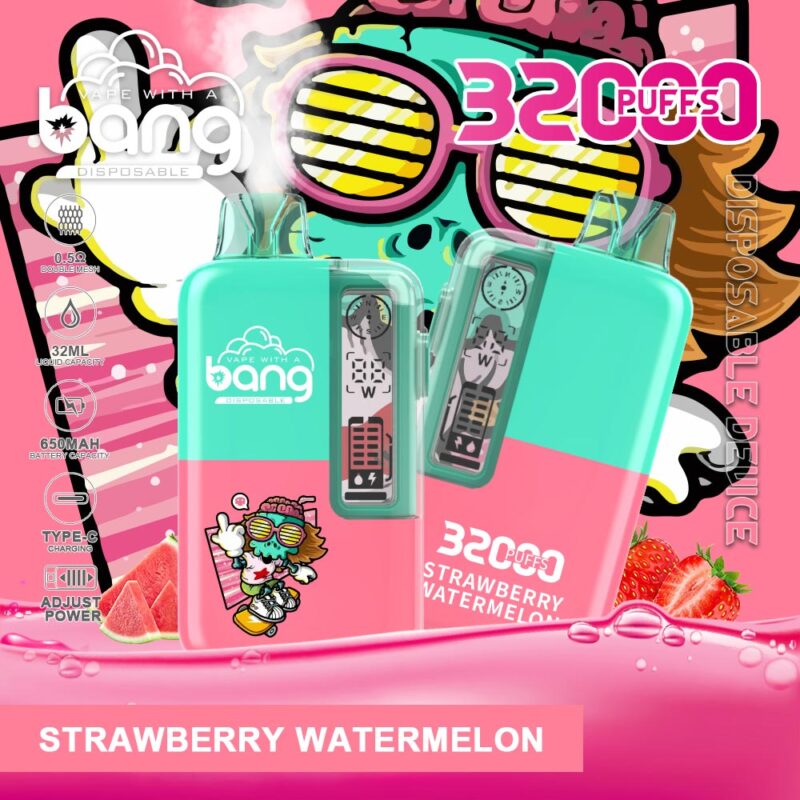 Imagen promocional colorida de un dispositivo de vapeo desechable con sabor a sandía y fresa. El dispositivo presenta un diseño en rosa y verde menta, gráficos de dibujos animados y especificaciones como capacidad de líquido de 32 ml, batería de 650 mAh y 32 000 bocanadas.