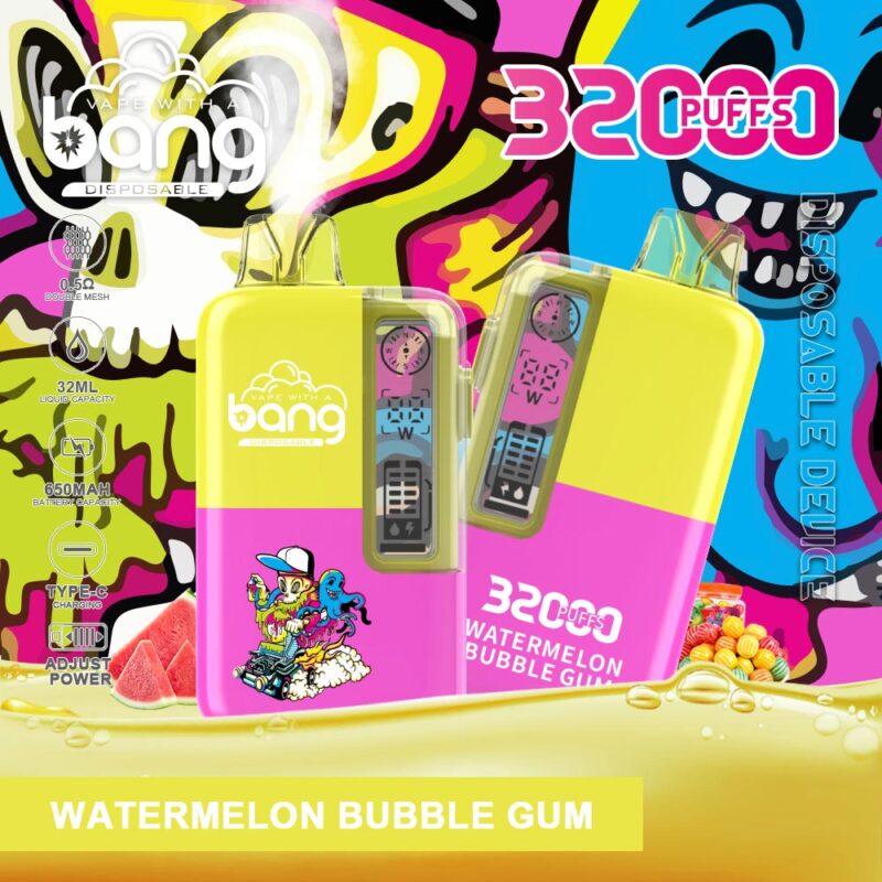 Dispositivos de vapeo desechables de colores brillantes con un logotipo "Bang", funciones de potencia ajustables y sabor "Watermelon Bubble Gum", sobre un fondo gráfico vibrante con texto en negrita que promociona 32000 bocanadas.