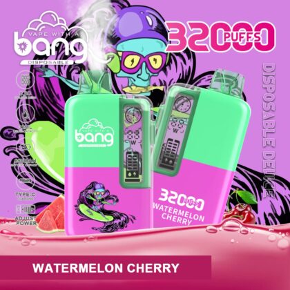 Immagine promozionale colorata per un dispositivo di svapo usa e getta caratterizzato dal sapore "Watermelon Cherry" verde e rosa con 3200 tiri, marchio in evidenza e un personaggio in stile cartone animato sullo sfondo, accanto a illustrazioni di ciliegie e angurie.