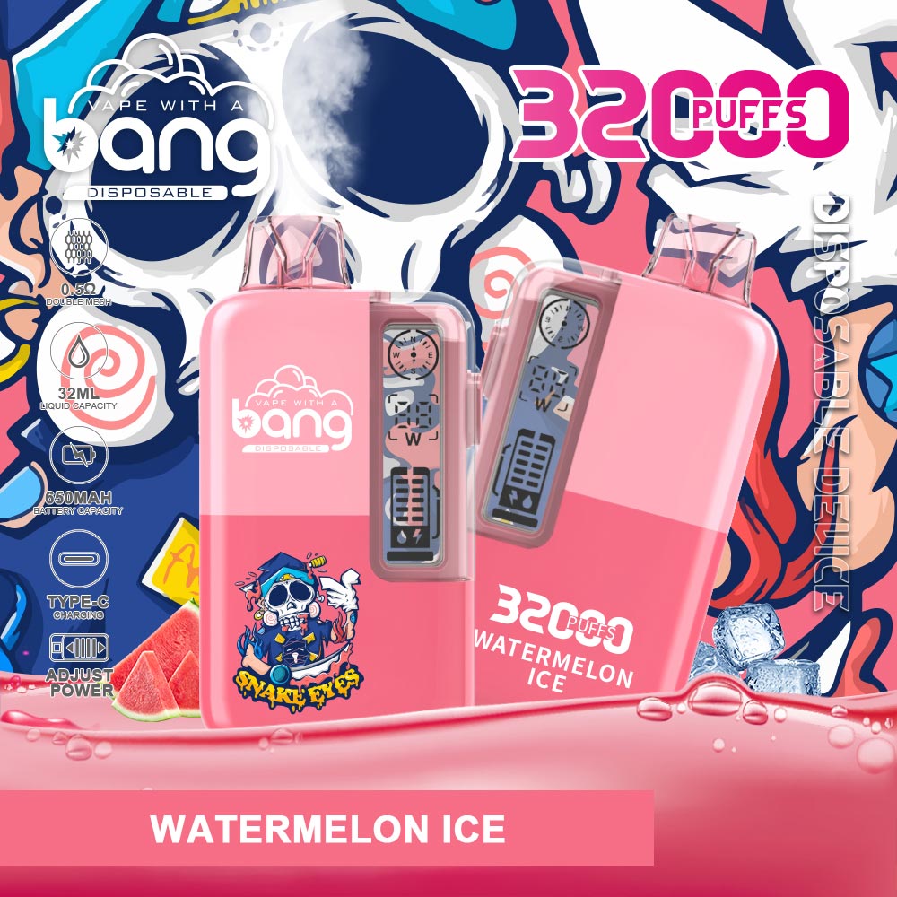 Dispositivo di svapo monouso rosa "Bang 32000 Puffs" al gusto di anguria ghiacciata, caratterizzato da un design a tema teschio, 32000 tiri, capacità del liquido di 32 ml, batteria da 650 mAh e potenza regolabile con ricarica Type-C.