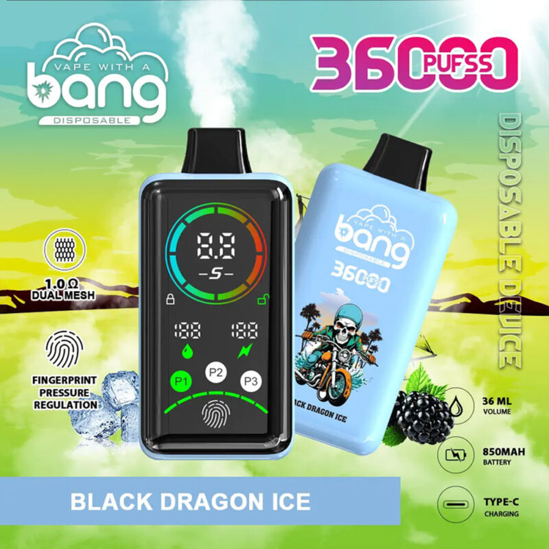 Un dispositivo de vapeo desechable etiquetado "Bang 3600 Puffs Power" con sabor a hielo de dragón negro, que cuenta con una pantalla digital, regulación de presión de huellas dactilares, bobina de malla doble, capacidad de 36 ml, batería de 850 mAh y carga tipo C.