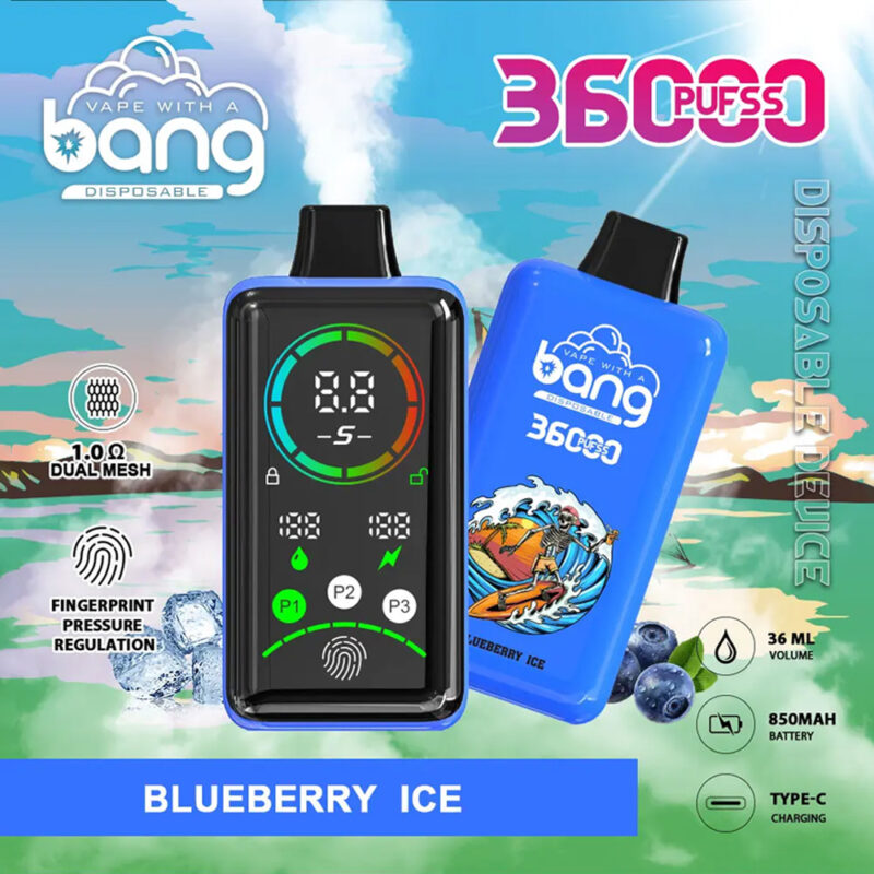 "Dispositivo de vapeo desechable Bang 3600 Puffs Power Blue con la marca 'Bang', que cuenta con una pantalla digital, regulación de presión de huellas dactilares, bobina de malla doble, capacidad de 36 ml de e-líquido, batería de 850 mAh, carga tipo C y sabor 'Blueberry Ice' etiquetado".
