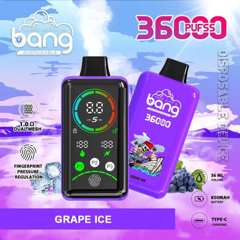 Dispositivo de vapeo desechable de color morado etiquetado "Bang 3600 Puffs Power" con 36000 bocanadas, sabor a hielo de uva, volumen de 36 ml, batería de 850 mAh, carga tipo C, bobina de malla dual y regulación de presión de huellas dactilares.