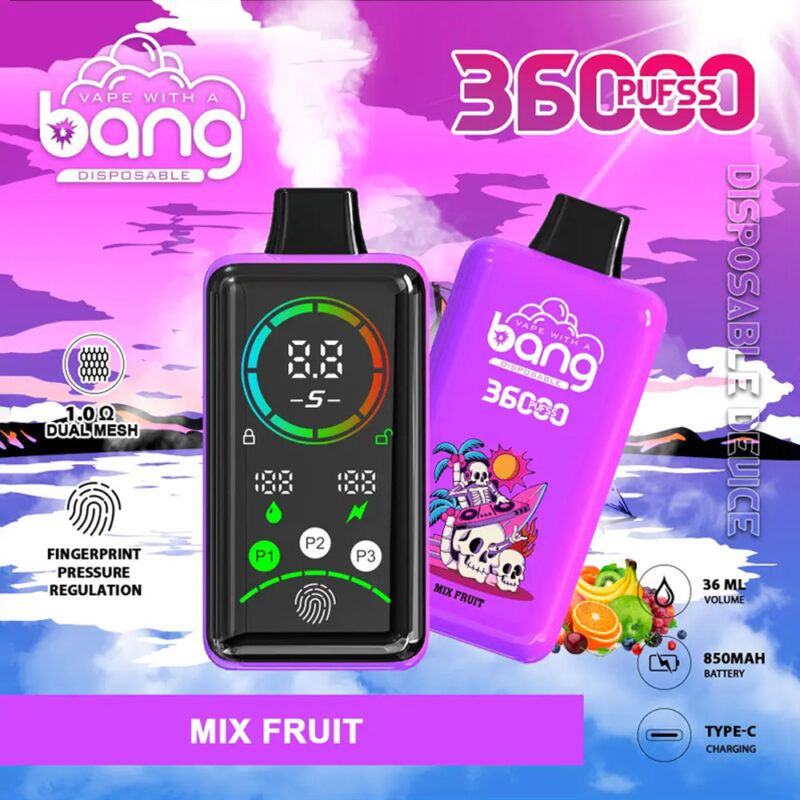 Un dispositivo de vapeo desechable denominado "Bang 3600 Puffs Power" con sabor a frutas mixtas, que cuenta con pantalla digital, regulación de presión de huellas dactilares, bobina de malla doble, capacidad de 36 ml, batería de 850 mAh y carga tipo C.