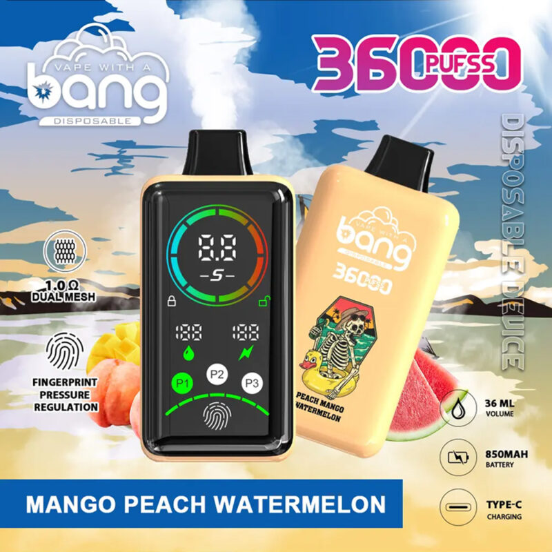 Dispositivo de vapeo desechable Bang con pantalla digital, etiquetado "Bang 3600 Puffs Power", con sabor a mango, melocotón y sandía, volumen de 36 ml, batería de 850 mAh, carga tipo C, malla dual 1.0Ω y regulación de presión de huellas dactilares.