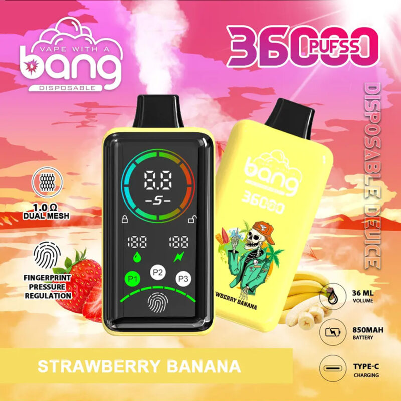 Dispositivo de vapeo desechable con una pantalla digital vibrante, etiquetado "Bang 3600 Puffs Power" con un cuerpo amarillo, sabor "Strawberry Banana" e íconos para una bobina de malla de 1.0Ω, regulación de huellas dactilares, capacidad de 36 ml, batería de 850 mAh y carga tipo C.