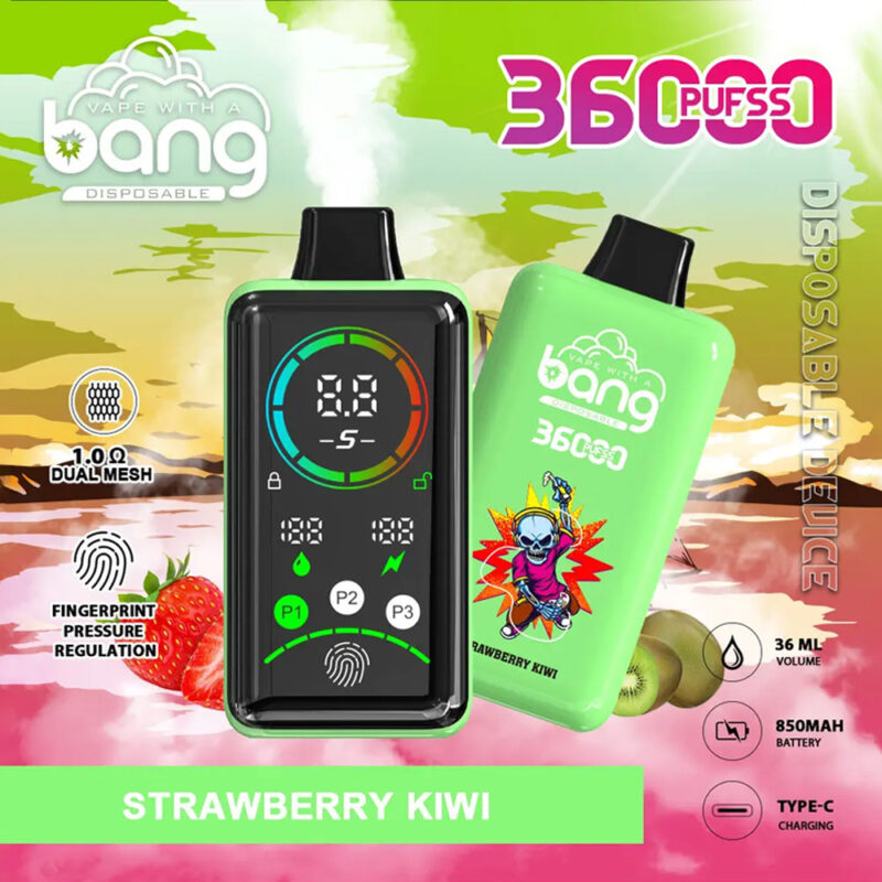 Un dispositivo de vapeo desechable verde etiquetado "Bang 3600 Puffs Power" con sabor "Strawberry Kiwi", que cuenta con una pantalla digital, regulación de presión de huellas dactilares, batería de 850 mAh, volumen de 36 ml y carga tipo C.