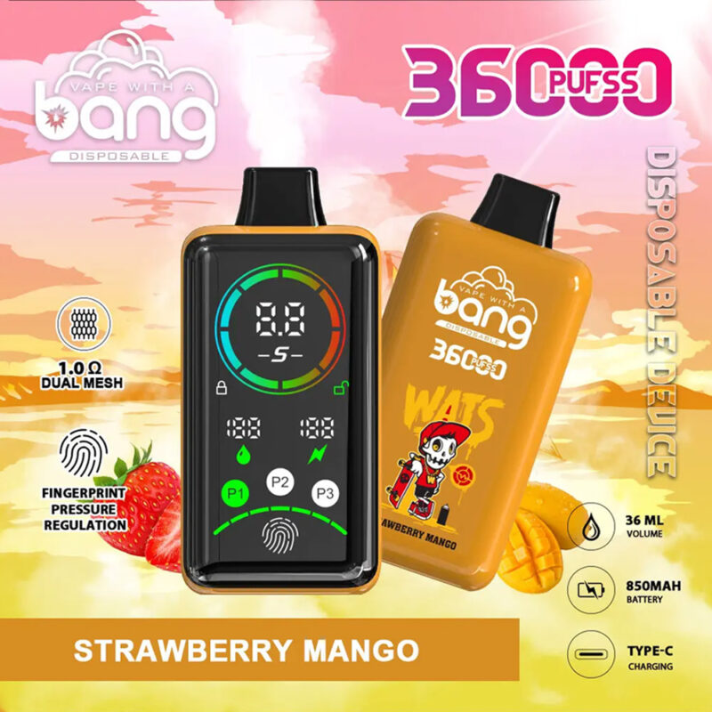 "Dispositivo de vapeo desechable de color naranja con la marca 'Bang 3600 Puffs Power', que cuenta con una pantalla digital, regulación de presión de huellas dactilares, bobina de malla doble, capacidad de 36 ml de e-líquido, batería de 850 mAh, carga tipo C y sabor 'Strawberry Mango' etiquetado".