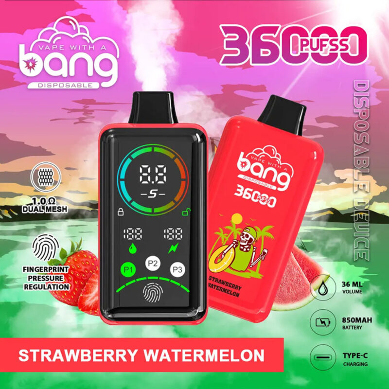 Dispositivo de vapeo desechable rojo con pantalla digital, etiquetado "Bang 3600 Power" en sabor a sandía y fresa, con regulación de presión de huellas dactilares, bobina de malla doble, batería de 850 mAh, capacidad de e-líquido de 36 ml y carga tipo C.
