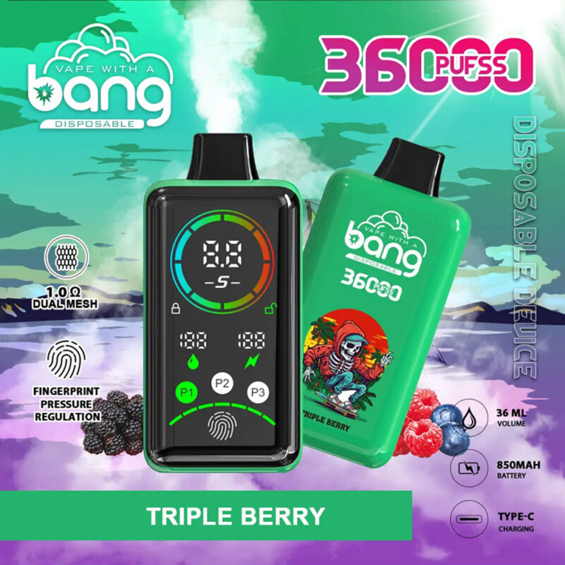 "Dispositivo de vapeo desechable ecológico con pantalla digital, etiquetado 'Bang 3600 Puffs Power', con triple sabor a bayas, regulación de presión mediante huellas dactilares, malla doble de 1,0 Ω, capacidad de 36 ml, batería de 850 mAh y carga tipo C".