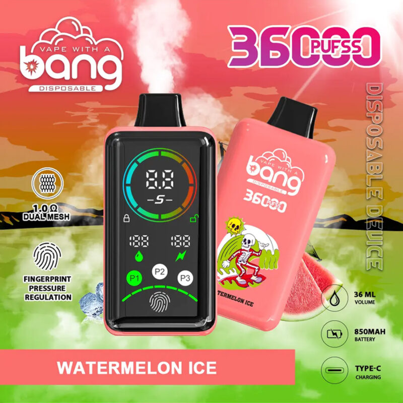 "Dispositivo de vapeo desechable de color rosa etiquetado como 'Bang 3600 Puffs Power' con pantalla digital y sabor 'Watermelon Ice', que cuenta con bobina de malla doble, regulación de presión de huellas dactilares, batería de 850 mAh, carga tipo C y capacidad de 36 ml de e-líquido".