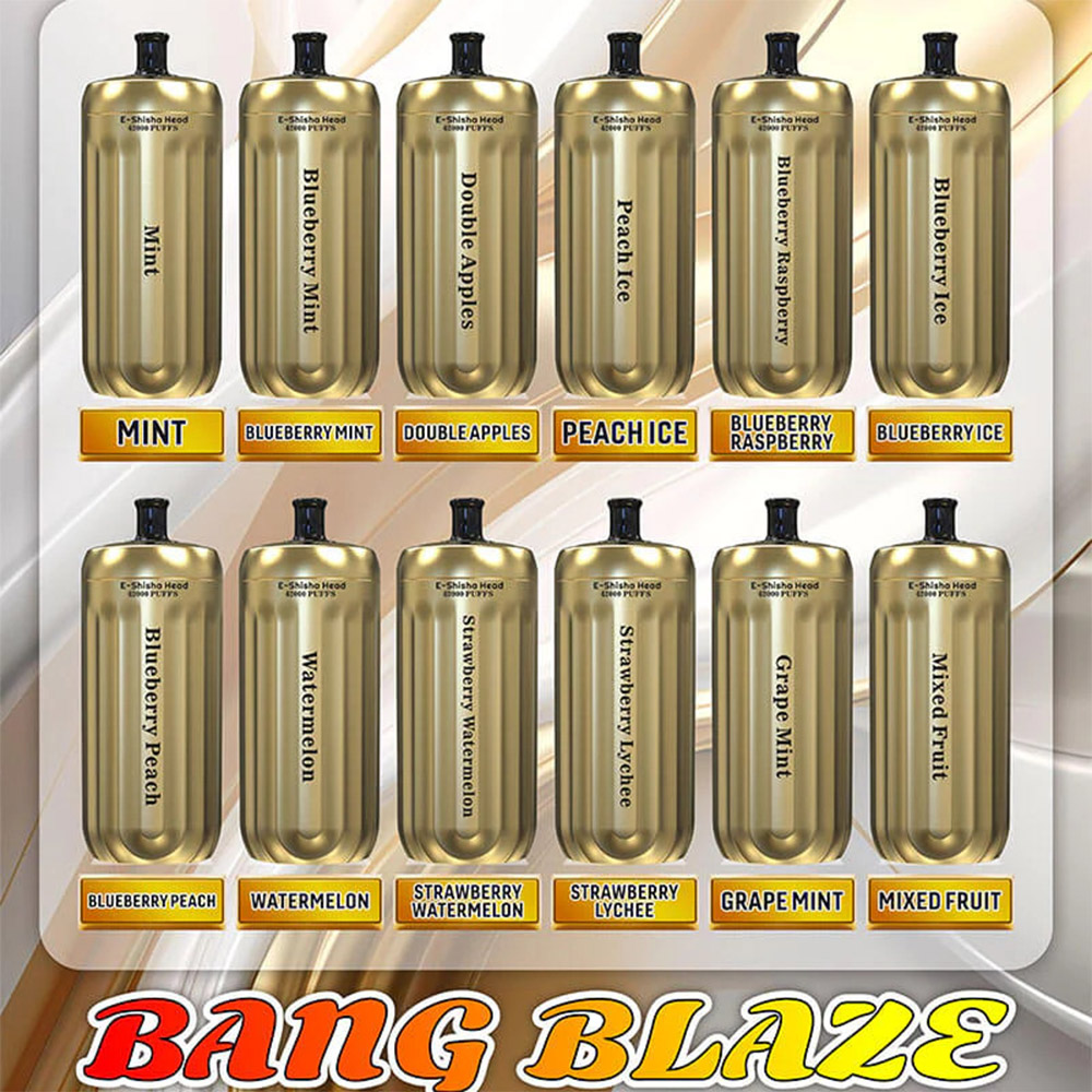 Das Bild zeigt eine Präsentation verschiedener aromatisierter E-Shisha-Kopfprodukte namens Bang Blaze, unter anderem mit Geschmacksrichtungen wie Minze, Blaubeerminze und Erdbeer-Litschi in goldfarbenen Behältern.