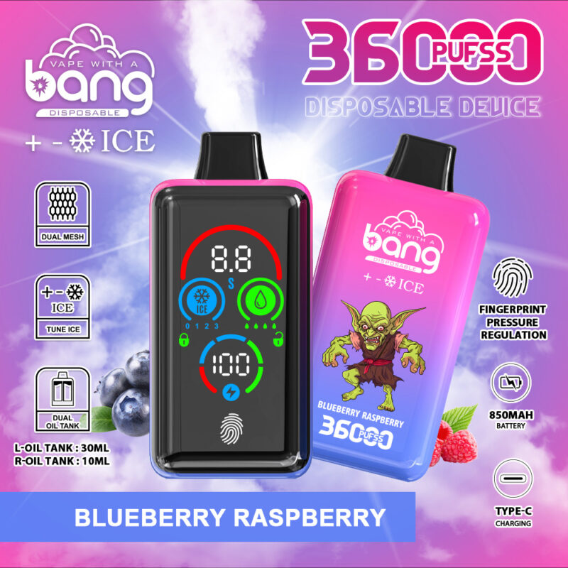 A disposable vape device with a vibrant design featuring blueberry and raspberry flavors, a digital display showing settings, 36000 puffs, dual oil tanks, fingerprint pressure regulation, and Type-C charging.