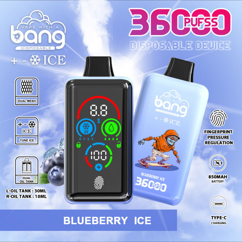 Blueberry Ice disposable vape device with 36000 puffs, dual oil tanks (30ml and 10ml), fingerprint pressure regulation, Type-C charging, 850mAh battery, and adjustable ice settings.