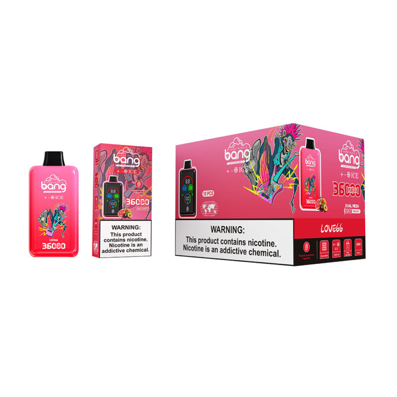 Bang disposable vape product packaging featuring a pink and red design with artistic illustrations, showing a single device, a box, and a larger carton, all labeled "36000" and including nicotine warning text.