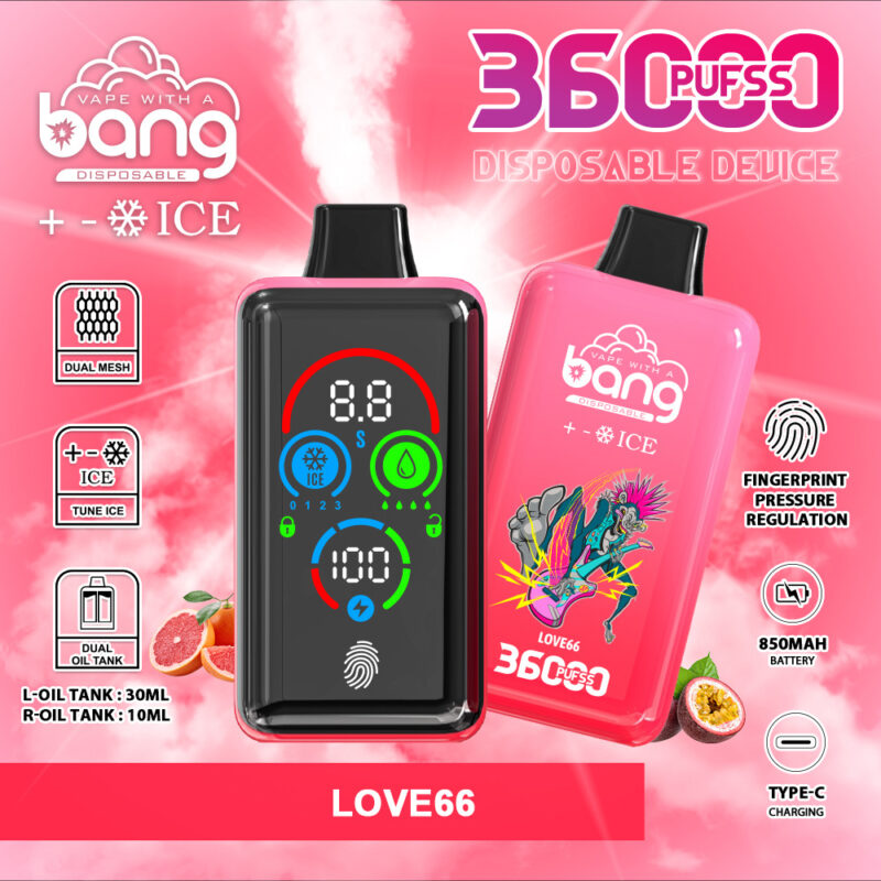 A pink disposable vape device featuring a "Love66" flavour with 36,000 puffs, dual mesh, adjustable ice levels, fingerprint pressure regulation, 850mAh battery, Type-C charging, and a digital display.