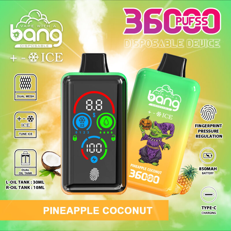 A brightly colored disposable vape device with a pineapple coconut flavor, featuring a digital screen, dual oil tanks, fingerprint pressure regulation, 850mAh battery, and Type-C charging.
