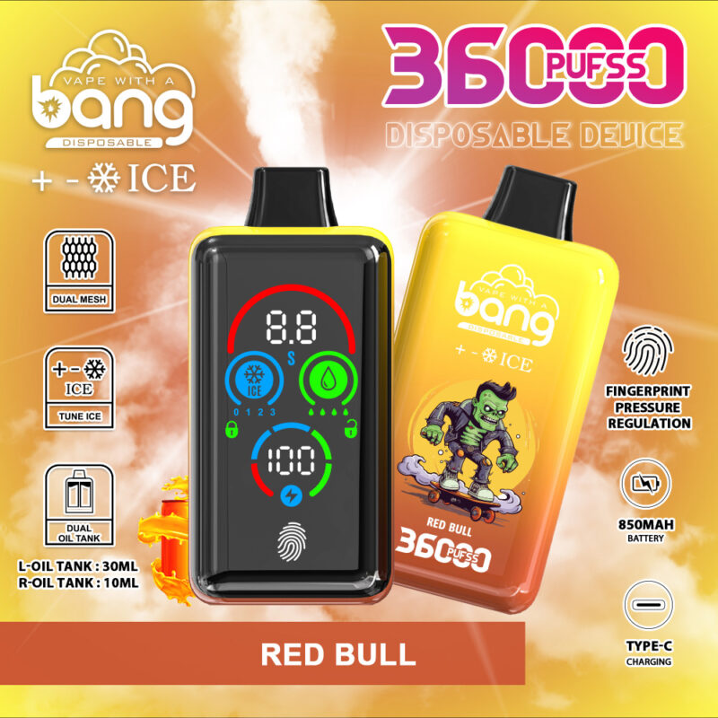A disposable vape device with a "Bang" branding, featuring dual mesh, dual oil tanks (30ml and 10ml), fingerprint pressure regulation, 850mAh battery, Type-C charging, and a "Red Bull" flavor with 36000 puffs capacity. A digital display shows settings for ICE, oil, and battery indicators.
