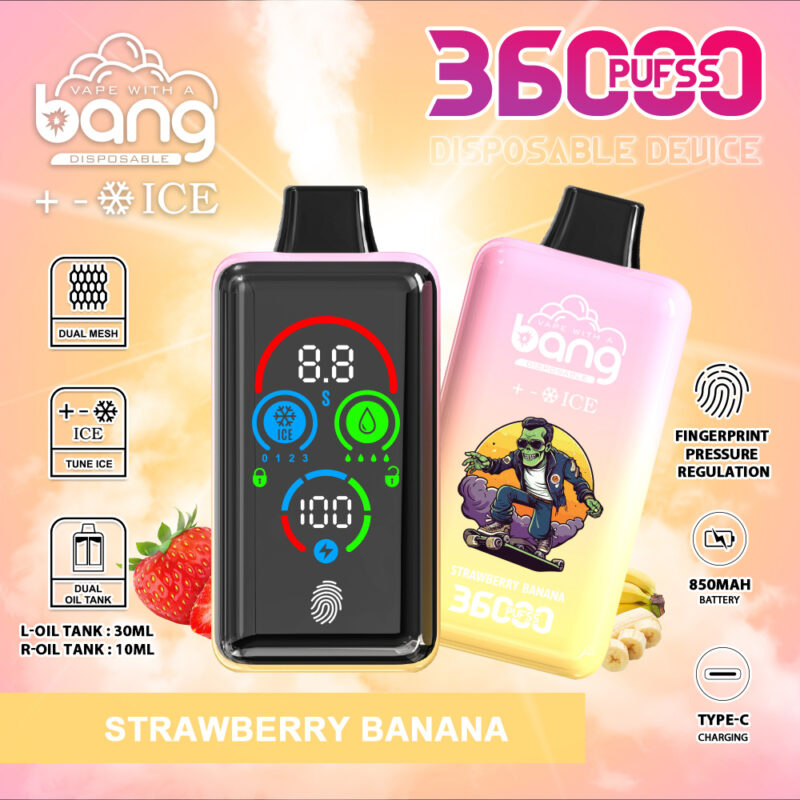 A disposable vape device with 36000 puffs, strawberry banana flavor, featuring a digital display, dual oil tanks (30ml and 10ml), dual mesh technology, fingerprint pressure regulation, 850mAh battery, and Type-C charging.