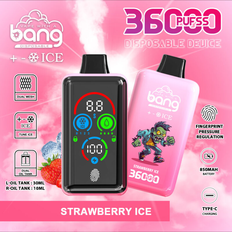 A pink disposable vape device with a digital screen displaying controls for ice tuning, power level, and battery percentage, featuring a dual oil tank system, fingerprint pressure regulation, and Type-C charging, labeled "Strawberry Ice 36000 Puffs."