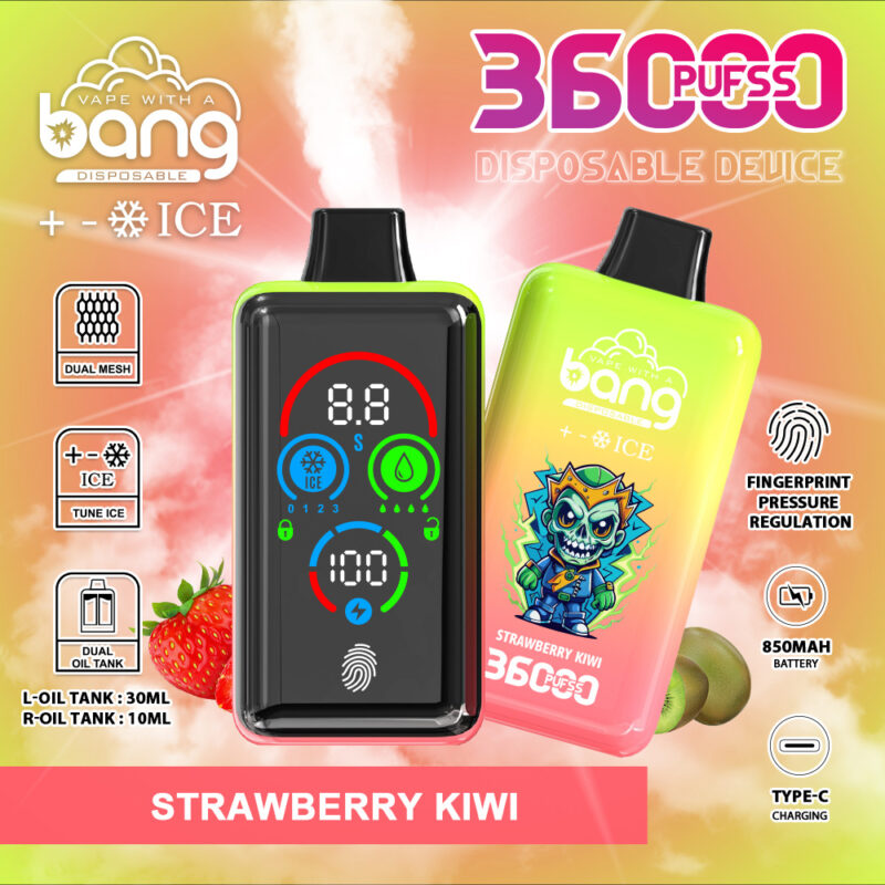 A disposable vape device with a digital display, labeled "Bang Disposable," featuring 36,000 puffs, dual oil tanks (30ml and 10ml), fingerprint pressure regulation, Type-C charging, and an 850mAh battery. The flavor is "Strawberry Kiwi."
