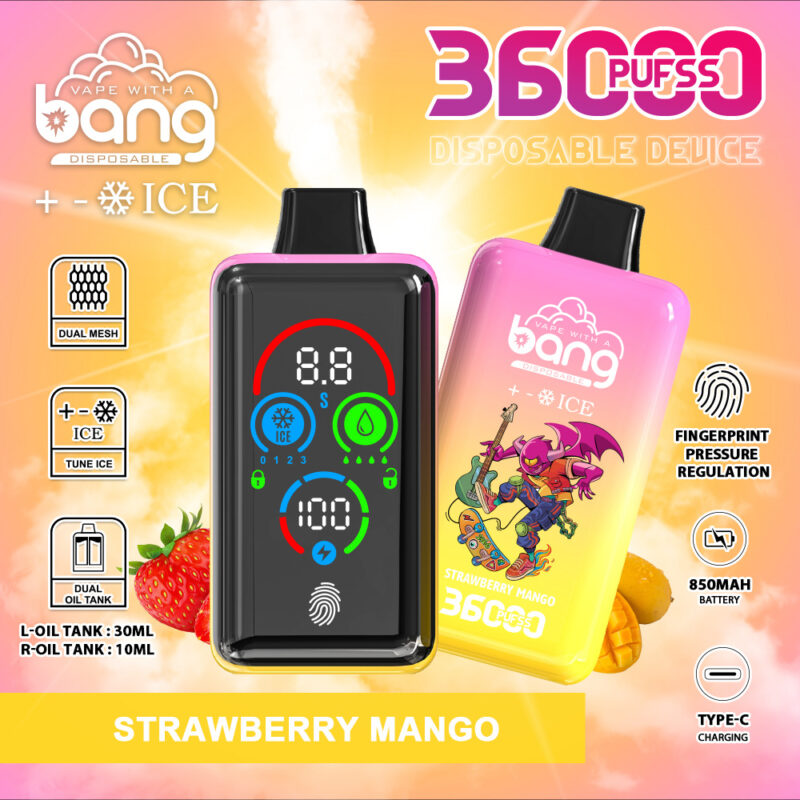 Disposable vape device with "Bang" branding, featuring 36000 puffs, strawberry mango flavor, adjustable ice settings, dual mesh, 850mAh battery, Type-C charging, and digital display with fingerprint pressure regulation.