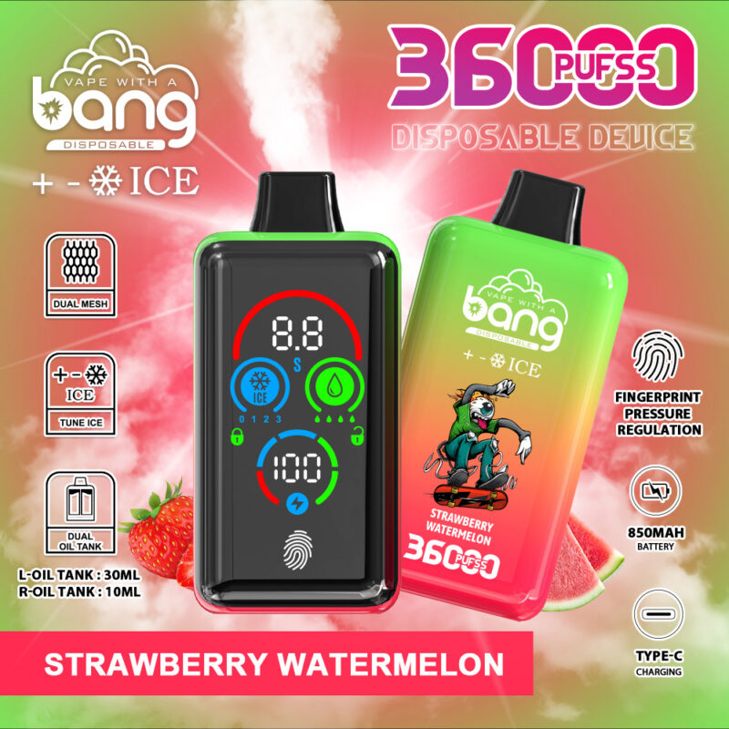 Disposable vape device with a digital display, 36000 puffs capacity, strawberry watermelon flavor, featuring dual oil tanks, fingerprint pressure regulation, 850mAh battery, and Type-C charging.
