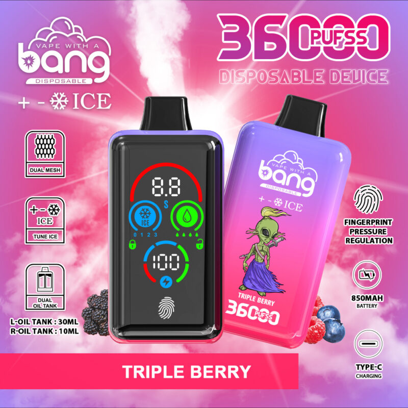 Disposable vape device with "Bang Ice Level 36000" branding, featuring a digital display, "Triple Berry" flavour, 36000 puffs, dual oil tanks (30ml and 10ml), fingerprint pressure regulation, dual mesh technology, Type-C charging, and an 850mAh battery.