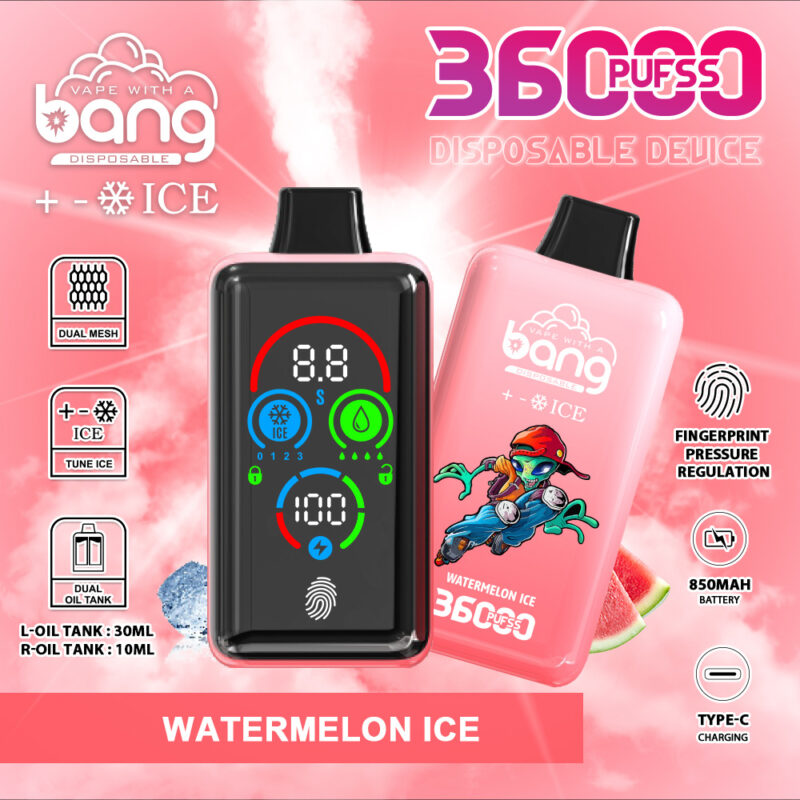 A disposable vape device with a digital display, labeled "Bang Disposable," featuring 36,000 puffs, dual oil tanks (30ml and 10ml), fingerprint pressure regulation, Type-C charging, and an 850mAh battery. The flavor is "Watermelon Ice."