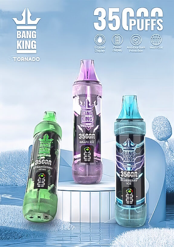Appareils de vape jetables Bang King Tornado avec 35 000 bouffées, présentés en trois saveurs : Fraise Kiwi (vert), Raisin Glacé (violet) et Myrtille Glacée (bleu), dotés d'un affichage numérique, d'une protection anti-brûlure à sec et d'une bobine en maille.