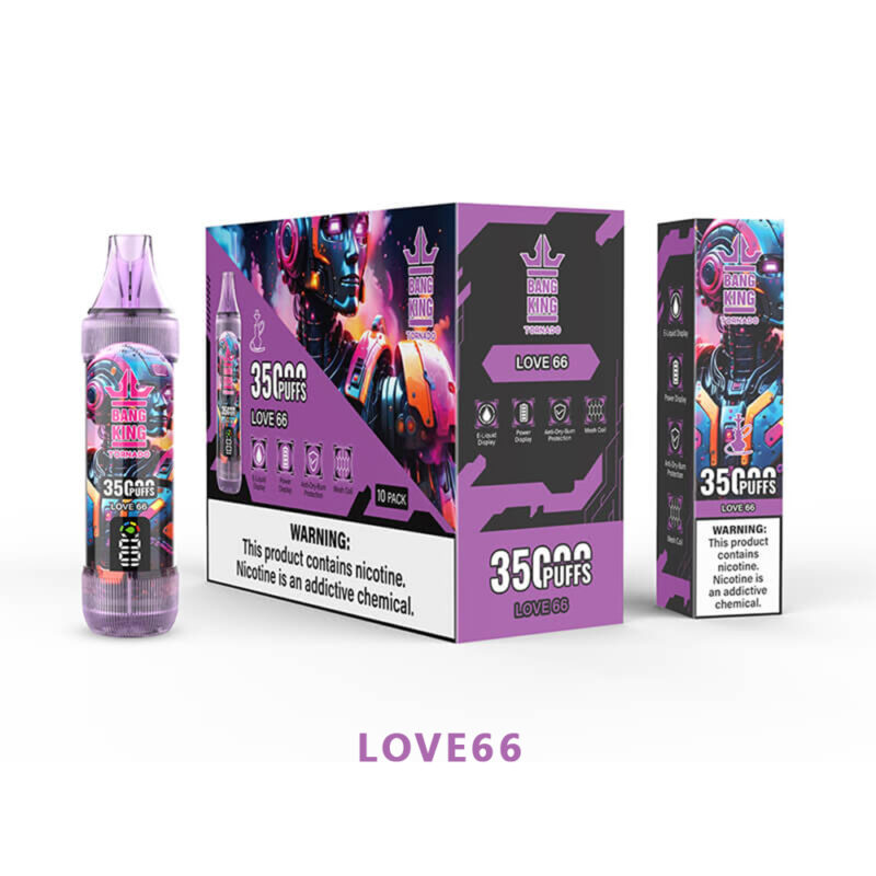 Une bouteille et un emballage d'un produit de vapotage nommé « LOVE66 », comportant des graphismes vibrants d'un robot et le texte « 35 000 PUFFS » et des avertissements sur la teneur en nicotine.