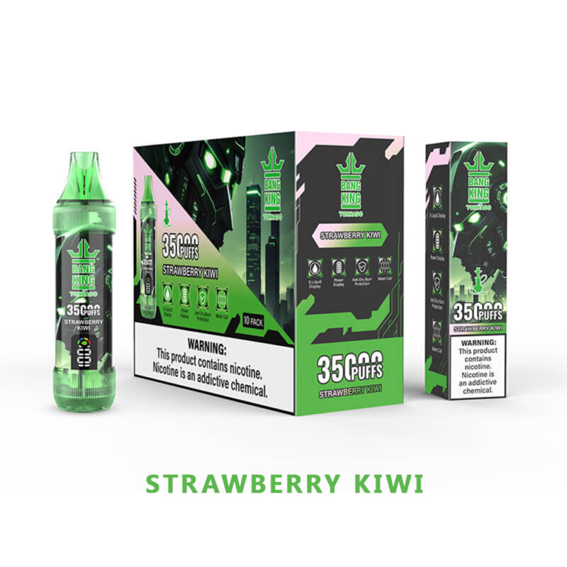 Emballage du produit de vapotage Strawberry Kiwi, présentant un design vert et noir, avec le texte « 35 000 bouffées » et une étiquette d'avertissement sur la nicotine.