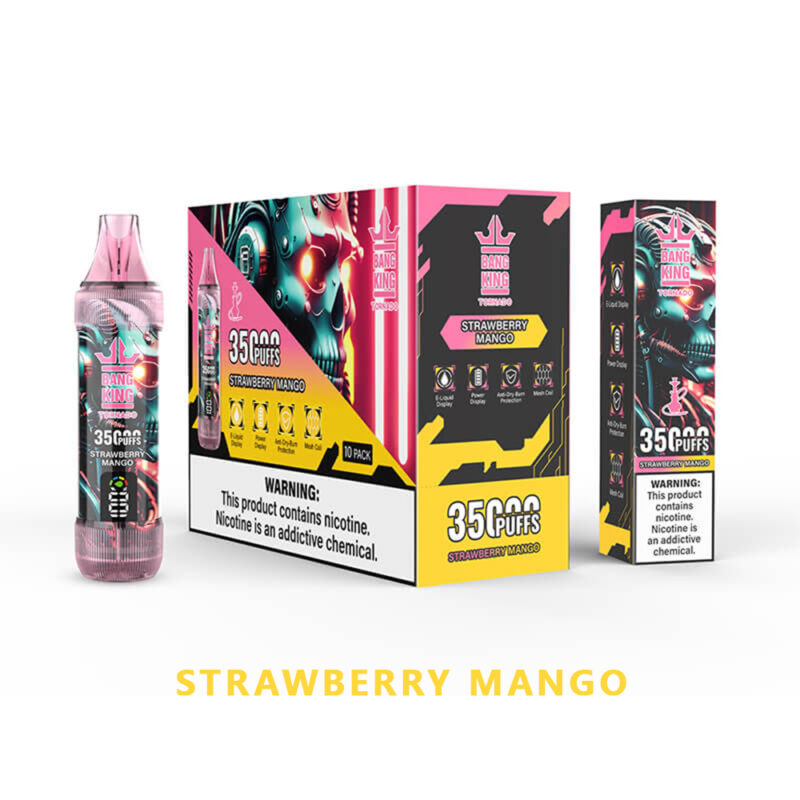 Présentoir de produits de vapotage Bang King Strawberry Mango avec un appareil de vapotage, une boîte d'emballage et une boîte plus petite, étiquetée « 35 000 bouffées » et un avertissement concernant la nicotine.