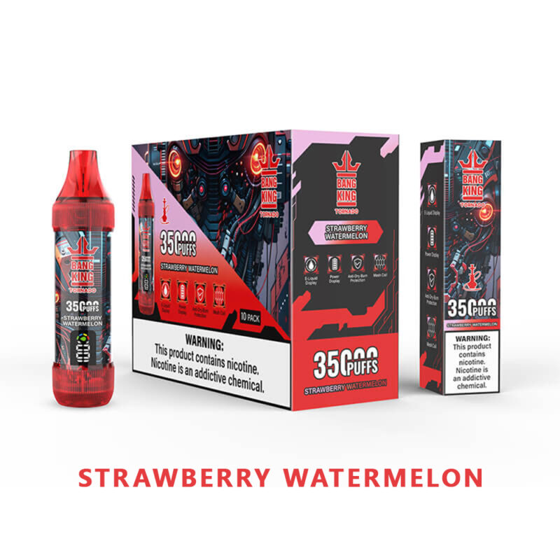 Emballage de vape à la fraise et à la pastèque affichant 3 500 bouffées, une étiquette d'avertissement et la marque du produit.