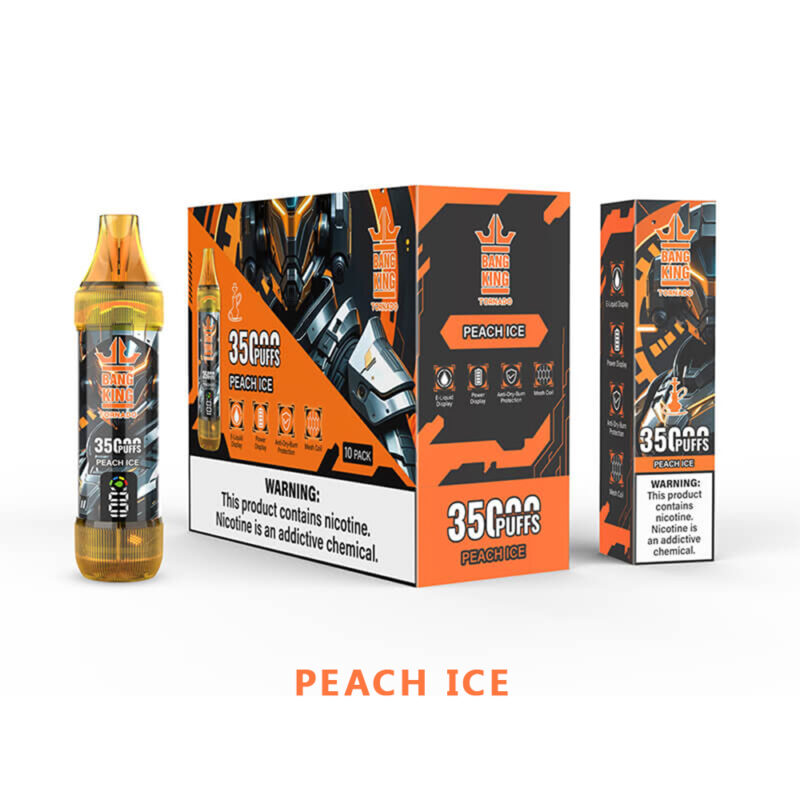 Vape jetable Bang King, saveur Peach Ice, 35 000 bouffées, avec emballage orange et noir avec étiquette d'avertissement de nicotine.